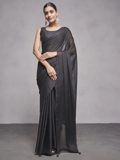 Attractive Black Chiffon Reception Wear Plain Saree With Blouse